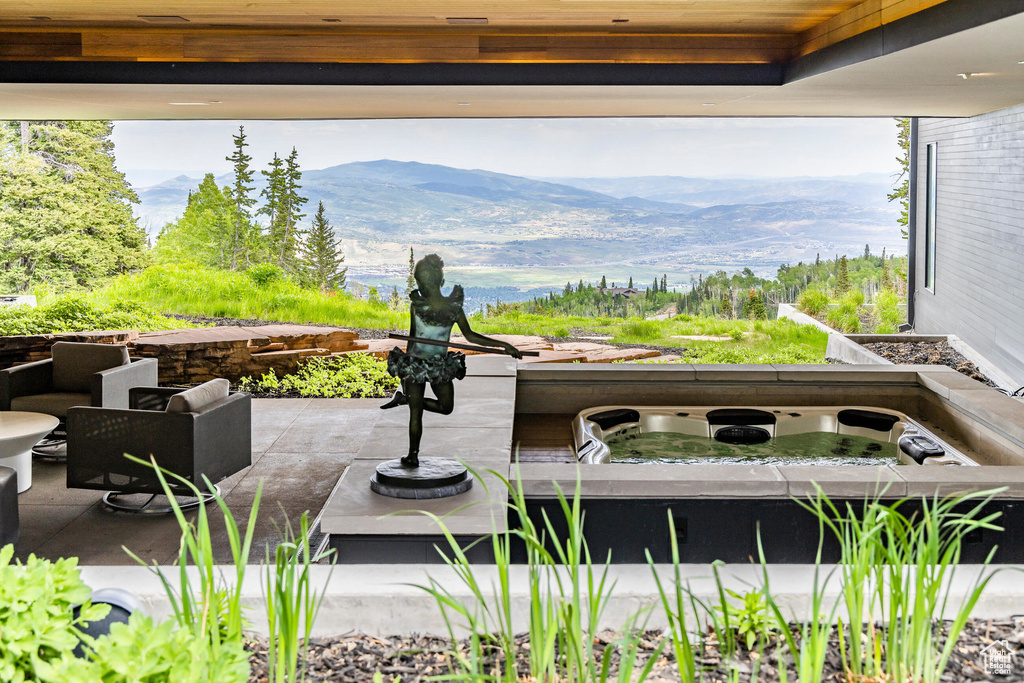 View of patio featuring a mountain view