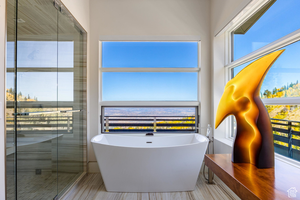 Bathroom with a freestanding tub, plenty of natural light, and a shower stall