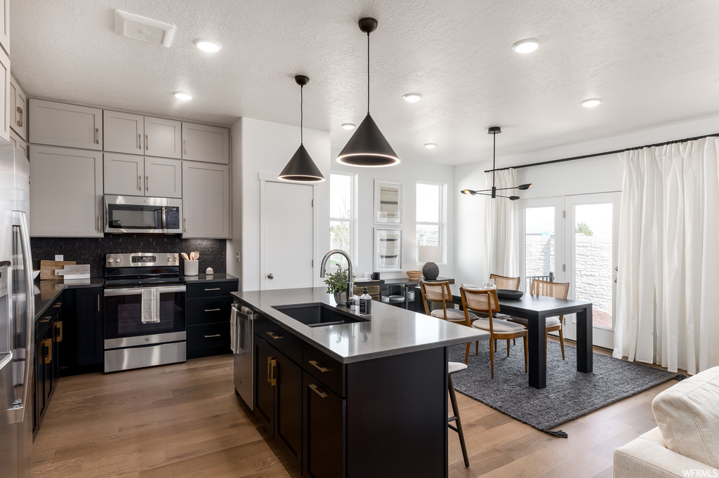 Kitchen with pendant lighting, sink, appliances with stainless steel finishes, and hardwood / wood-style flooring