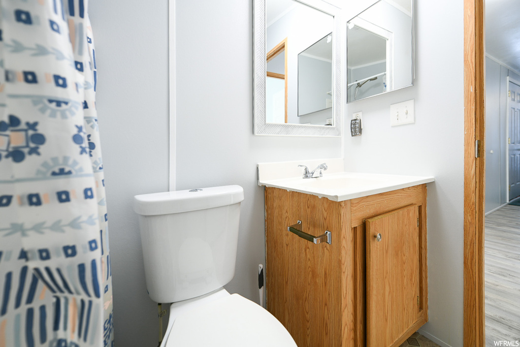 Bathroom with wood-type flooring, toilet, and vanity with extensive cabinet space