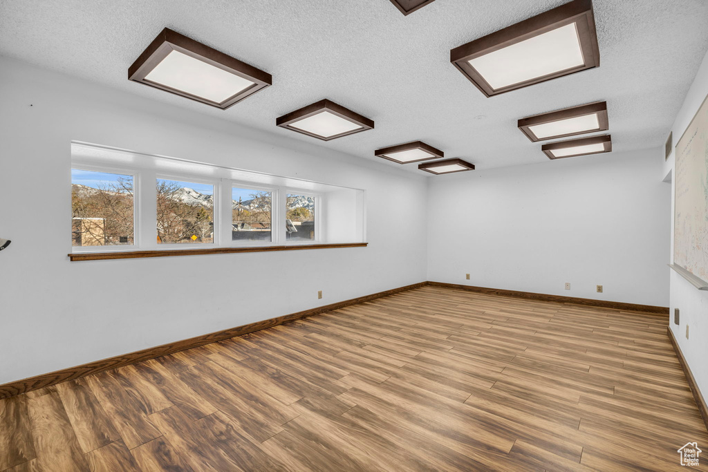 Unfurnished room with light hardwood / wood-style floors, a textured ceiling, and a wealth of natural light