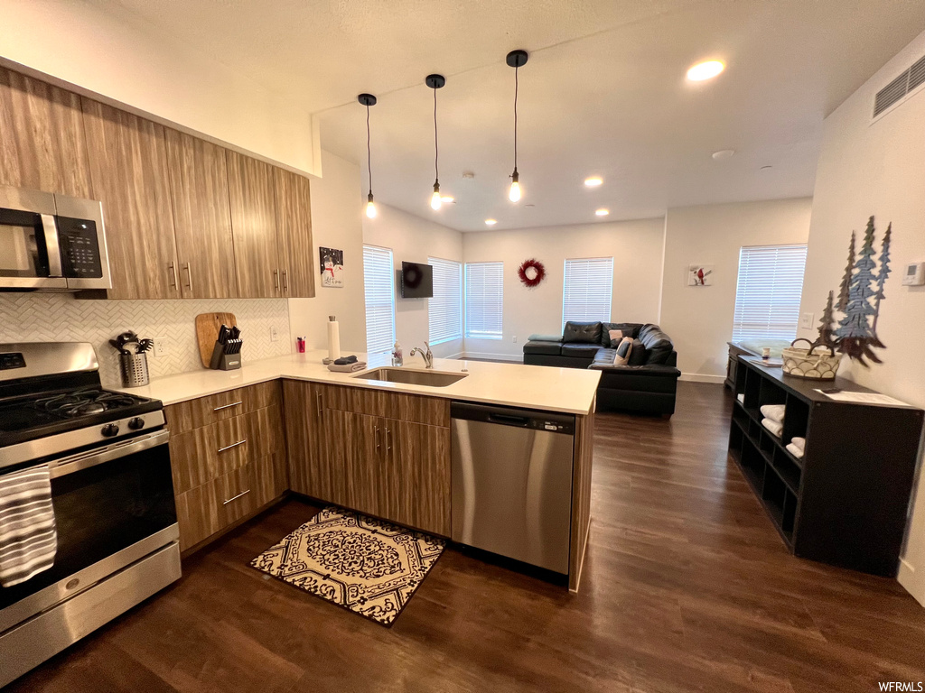 Kitchen with dark hardwood / wood-style flooring, tasteful backsplash, appliances with stainless steel finishes, and kitchen peninsula