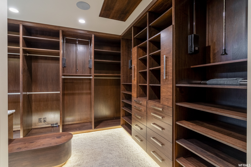 Walk in closet with light colored carpet