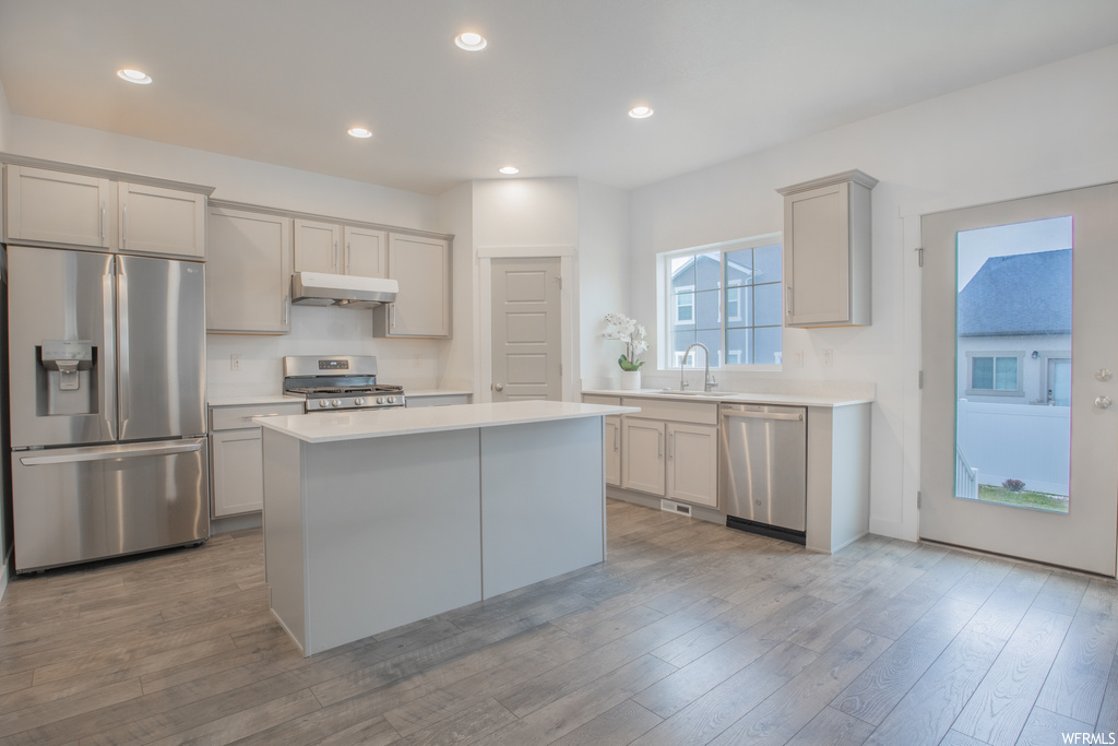 Kitchen featuring sink, light hardwood / wood-style floors, appliances with stainless steel finishes, and a kitchen island