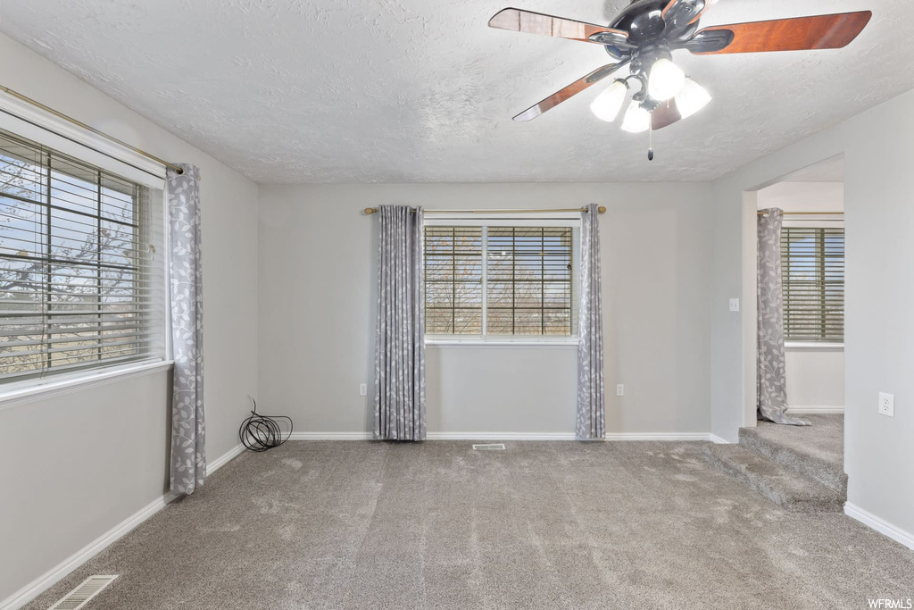 Carpeted spare room featuring a wealth of natural light, a textured ceiling, and ceiling fan