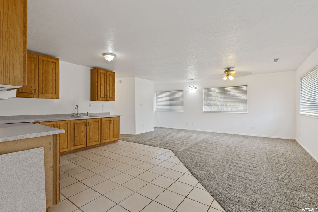 Kitchen featuring sink, light carpet, and ceiling fan