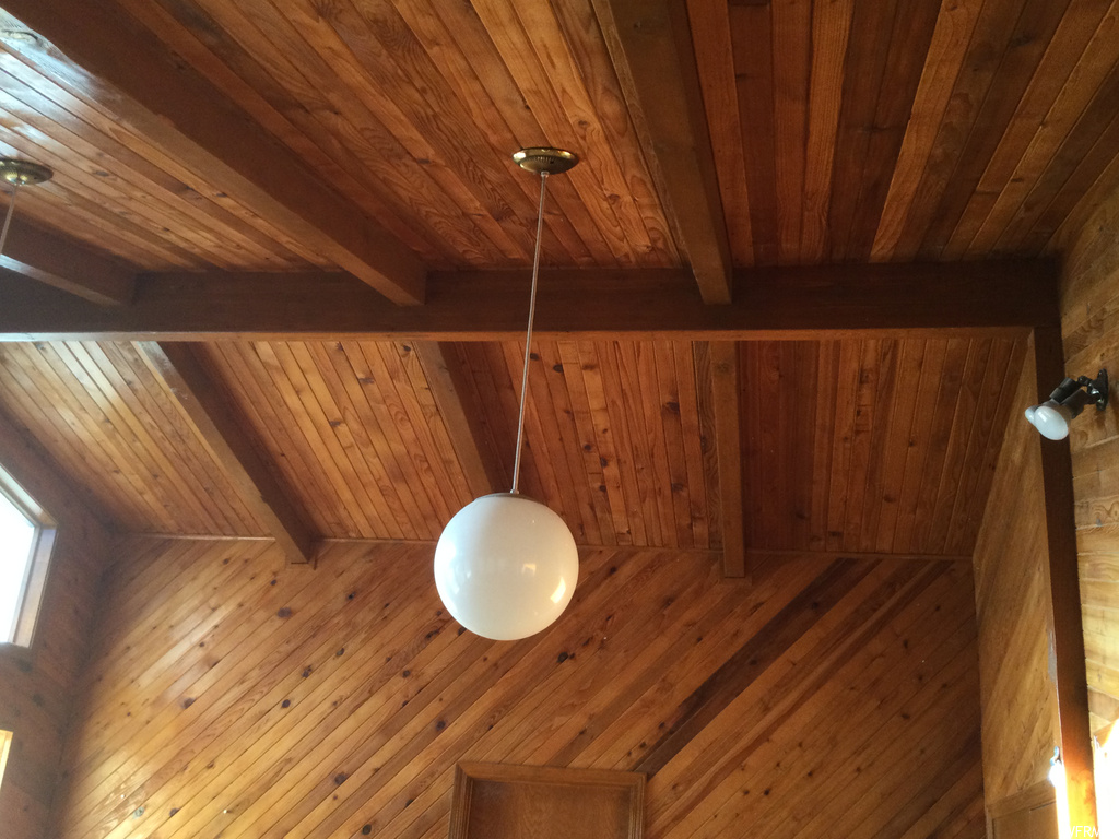 Interior details featuring wooden walls, beamed ceiling, and wood ceiling