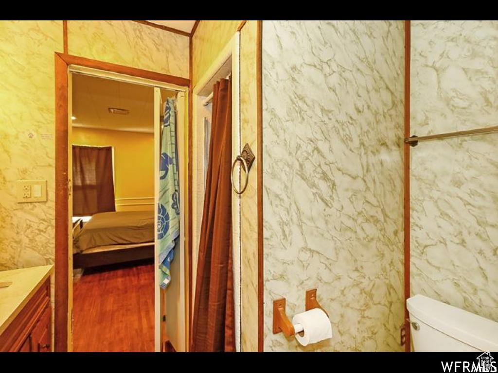 Bathroom featuring toilet, vanity, and hardwood / wood-style flooring