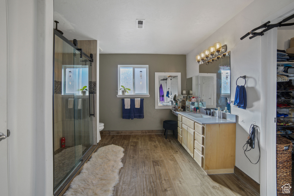 Bathroom with walk in shower, toilet, wood-type flooring, and large vanity