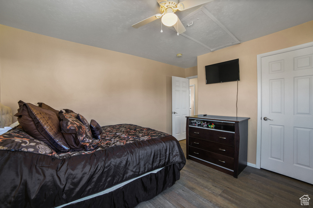 Bedroom with dark hardwood / wood-style floors and ceiling fan