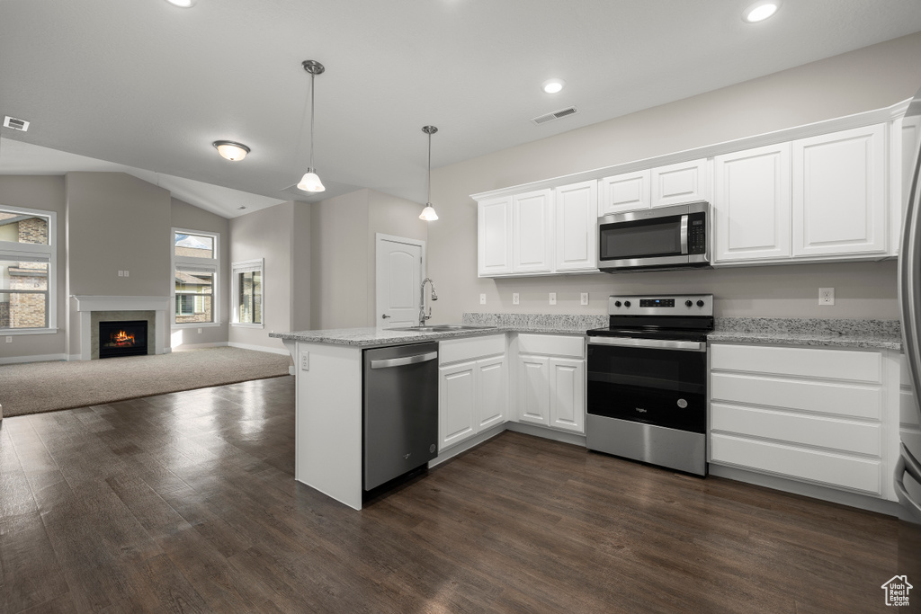 Kitchen with dark hardwood / wood-style flooring, light stone countertops, hanging light fixtures, white cabinets, and appliances with stainless steel finishes