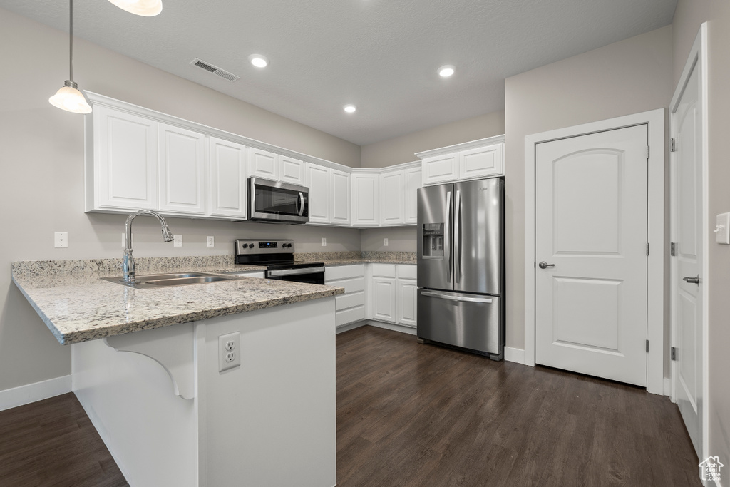 Kitchen featuring dark hardwood / wood-style floors, white cabinets, sink, and stainless steel appliances