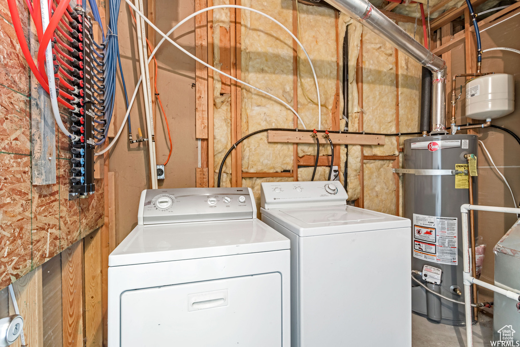 Laundry room featuring washing machine and clothes dryer and water heater