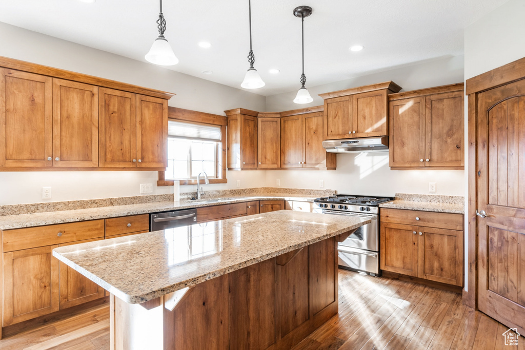 Kitchen featuring pendant lighting, light hardwood / wood-style flooring, a kitchen island, and stainless steel appliances