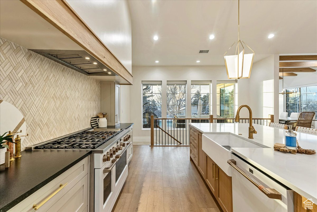 Kitchen with stainless steel appliances, light hardwood / wood-style flooring, decorative light fixtures, and plenty of natural light