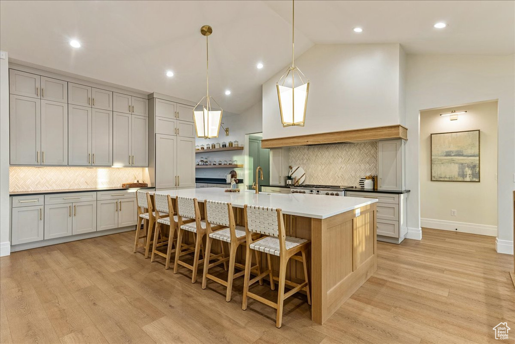 Kitchen featuring tasteful backsplash, light wood-type flooring, and an island with sink
