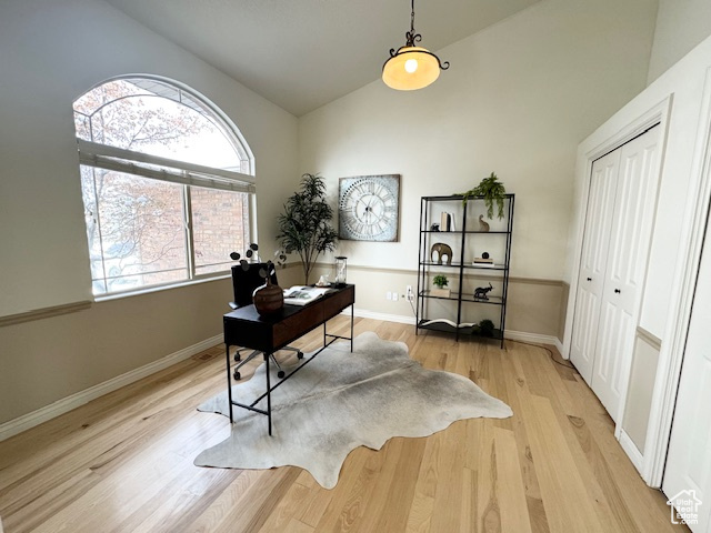 Office space featuring light hardwood / wood-style floors, high vaulted ceiling, and a healthy amount of sunlight