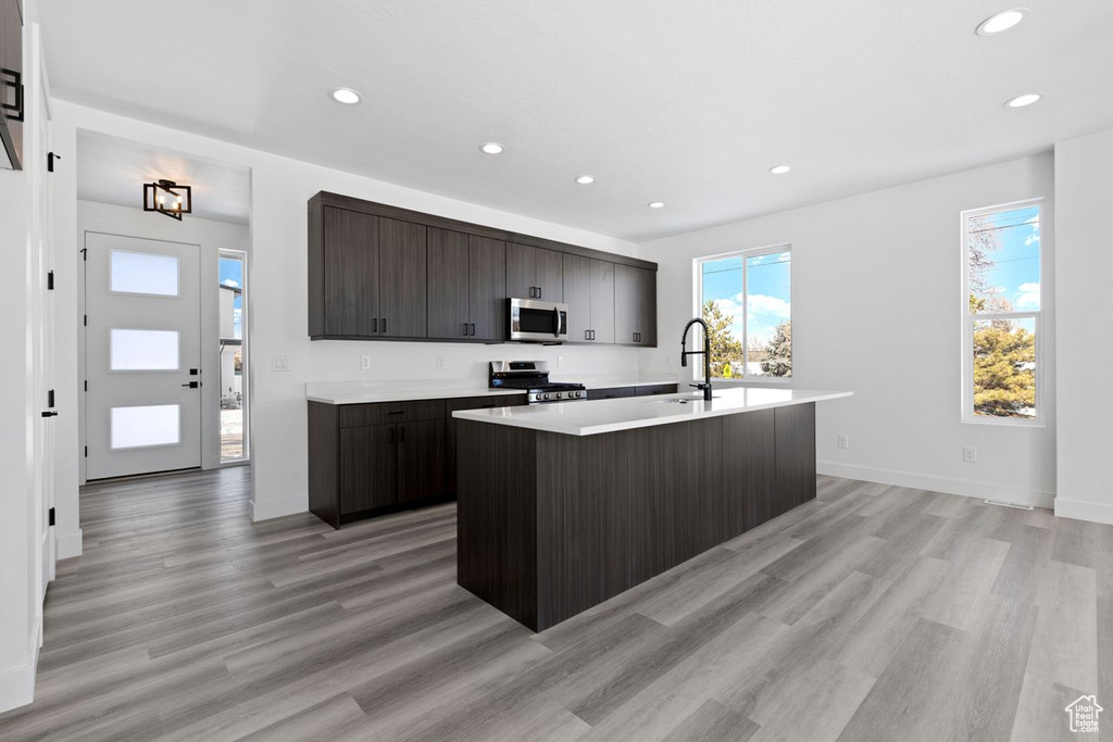 Kitchen featuring light hardwood / wood-style floors, dark brown cabinets, a kitchen island with sink, appliances with stainless steel finishes, and sink