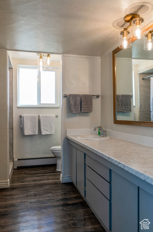 Bathroom with wood-type flooring, baseboard heating, vanity, and toilet