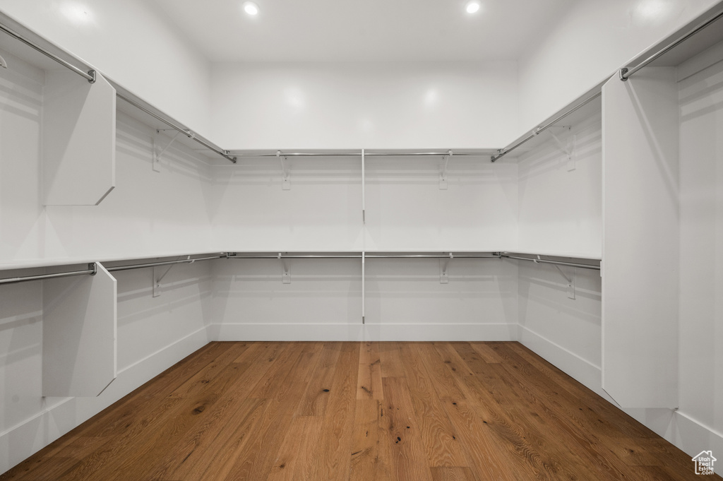 Walk in closet with hardwood / wood-style floors