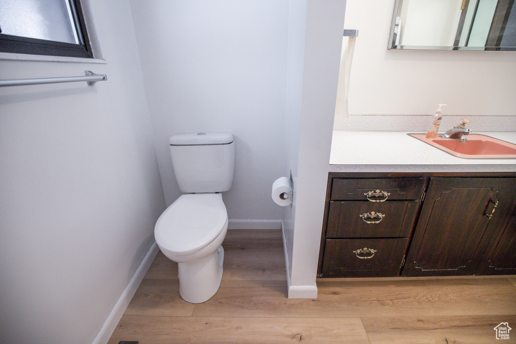 Bathroom with wood-type flooring, toilet, and oversized vanity
