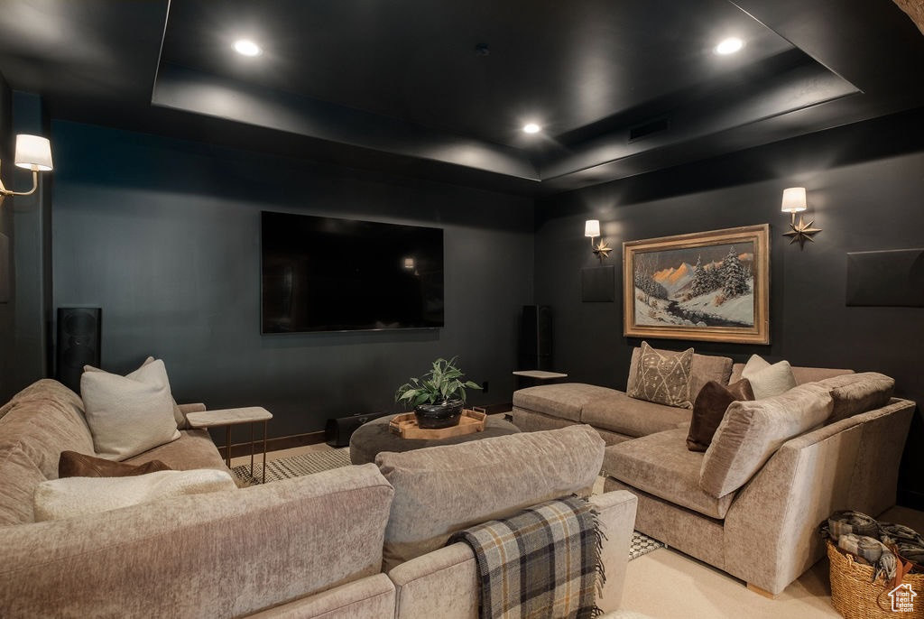 Home theater room featuring a raised ceiling and light colored carpet