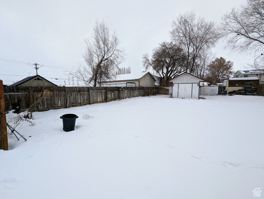 Yard covered in snow with a storage shed