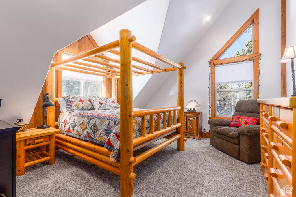 Carpeted bedroom featuring multiple windows and high vaulted ceiling