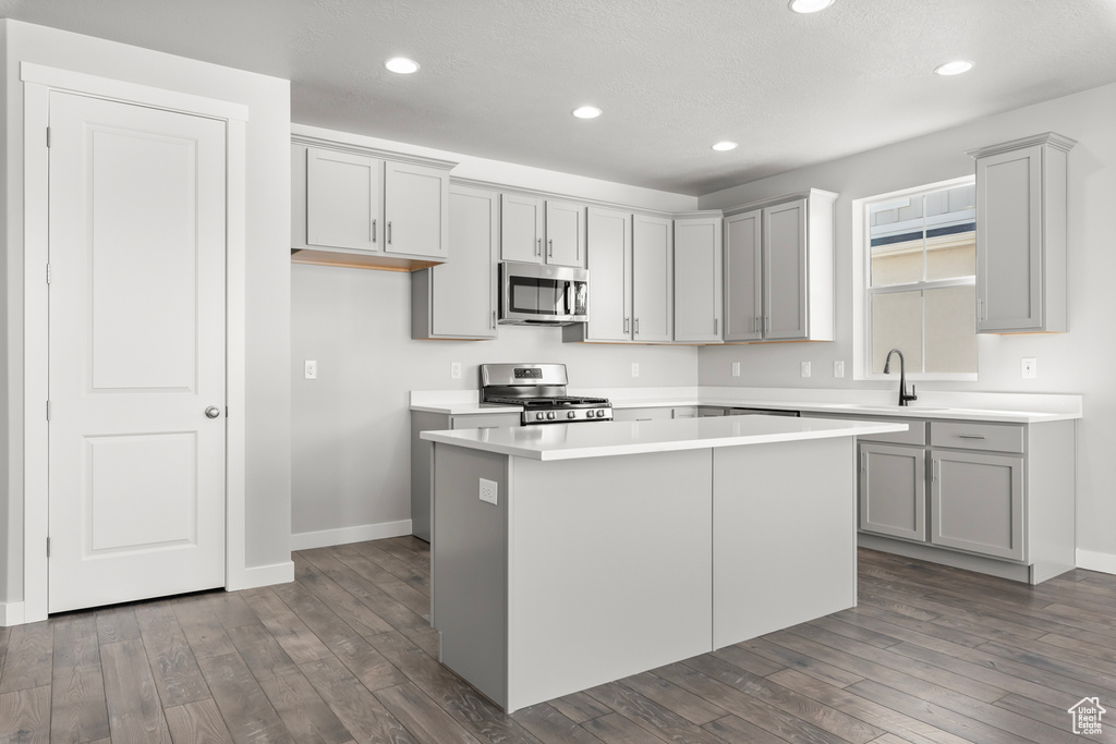 Kitchen featuring a center island, stainless steel appliances, gray cabinets, sink, and dark wood-type flooring