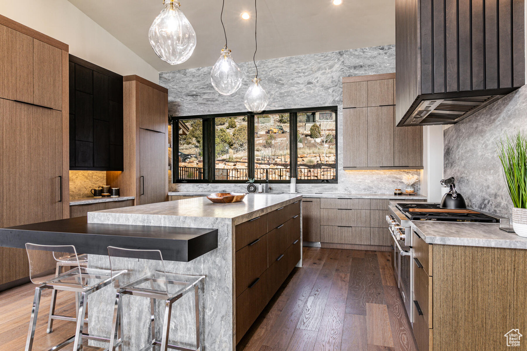 Kitchen featuring range with two ovens, a kitchen island, tasteful backsplash, premium range hood, and dark wood-type flooring