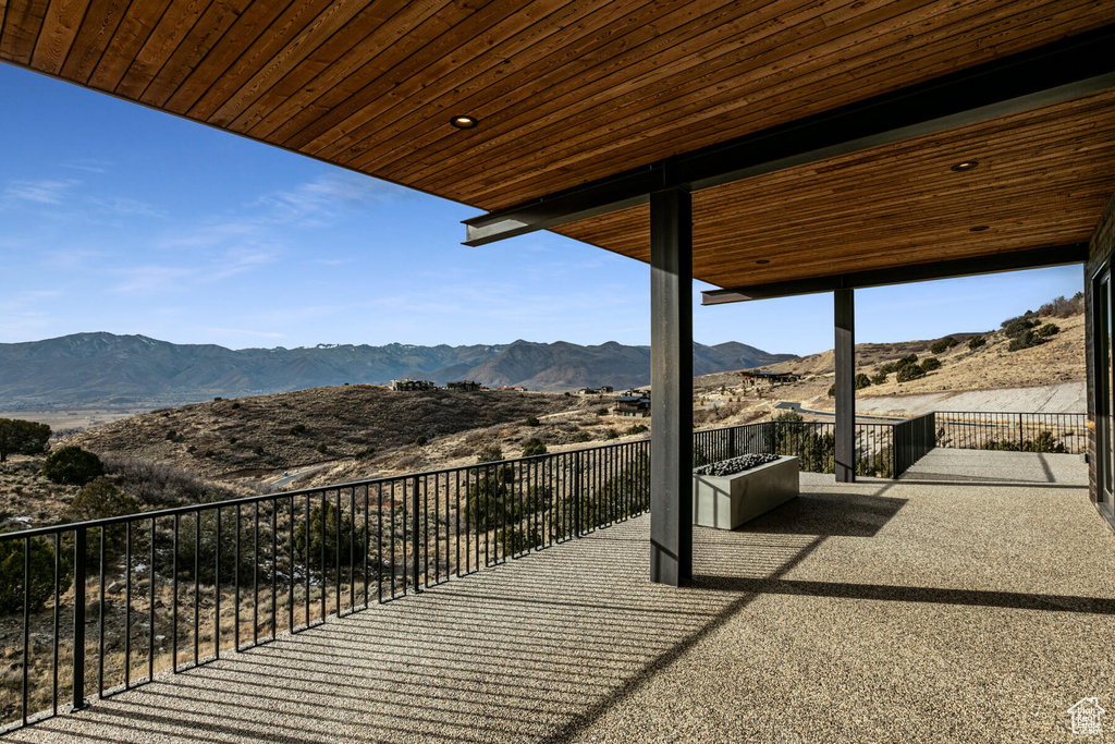 View of patio / terrace with a mountain view