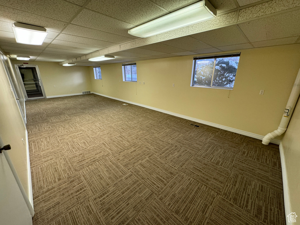 Basement with a drop ceiling, a healthy amount of sunlight, and dark colored carpet