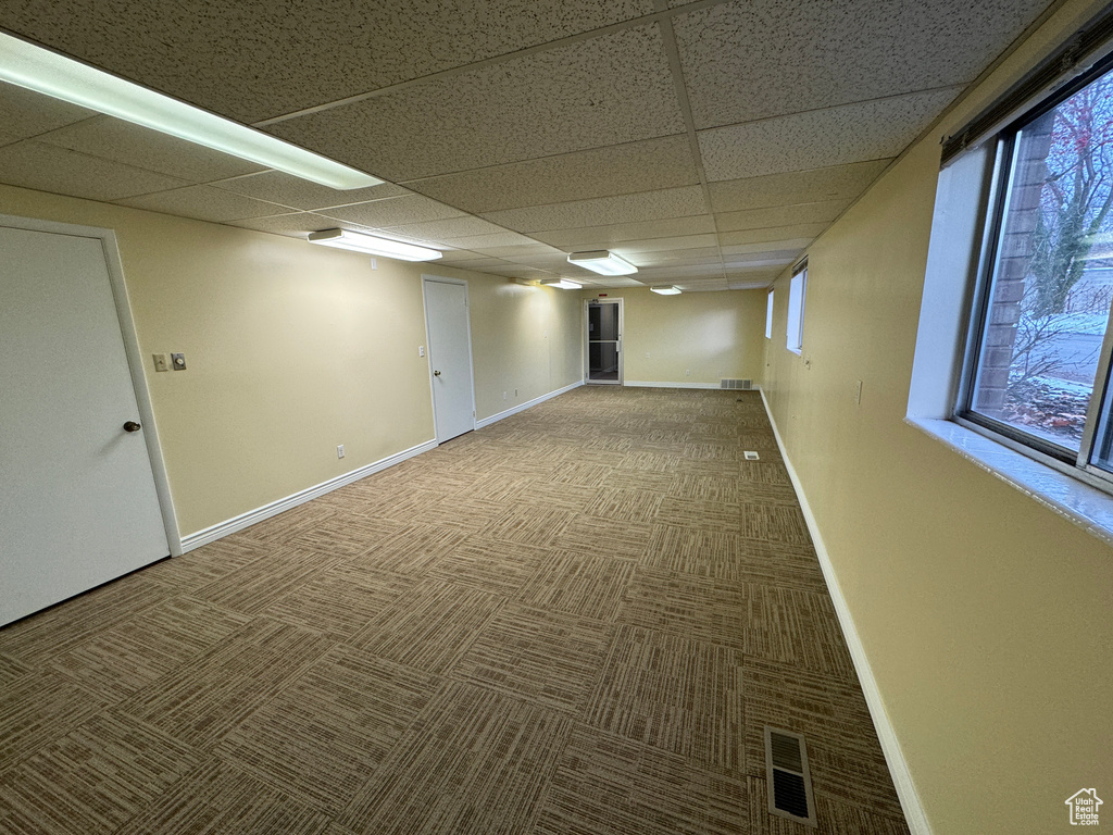 Basement with a drop ceiling, dark colored carpet, and a healthy amount of sunlight