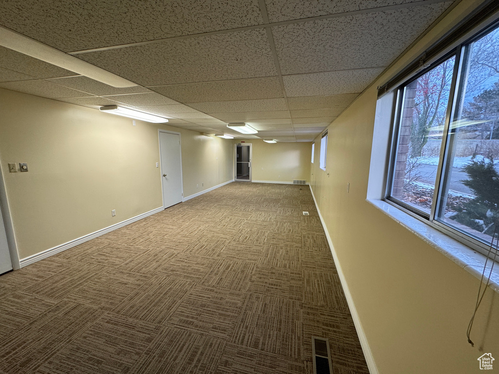 Basement featuring a drop ceiling and dark colored carpet