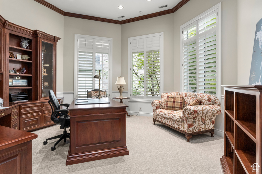 Carpeted home office with ornamental molding and plenty of natural light