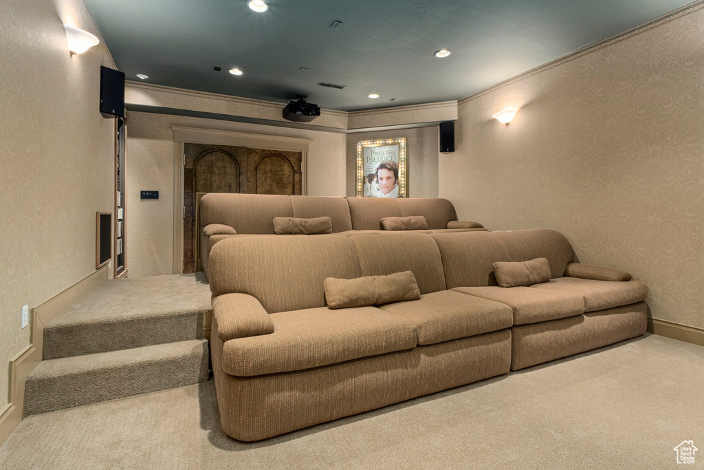 Carpeted cinema room featuring crown molding