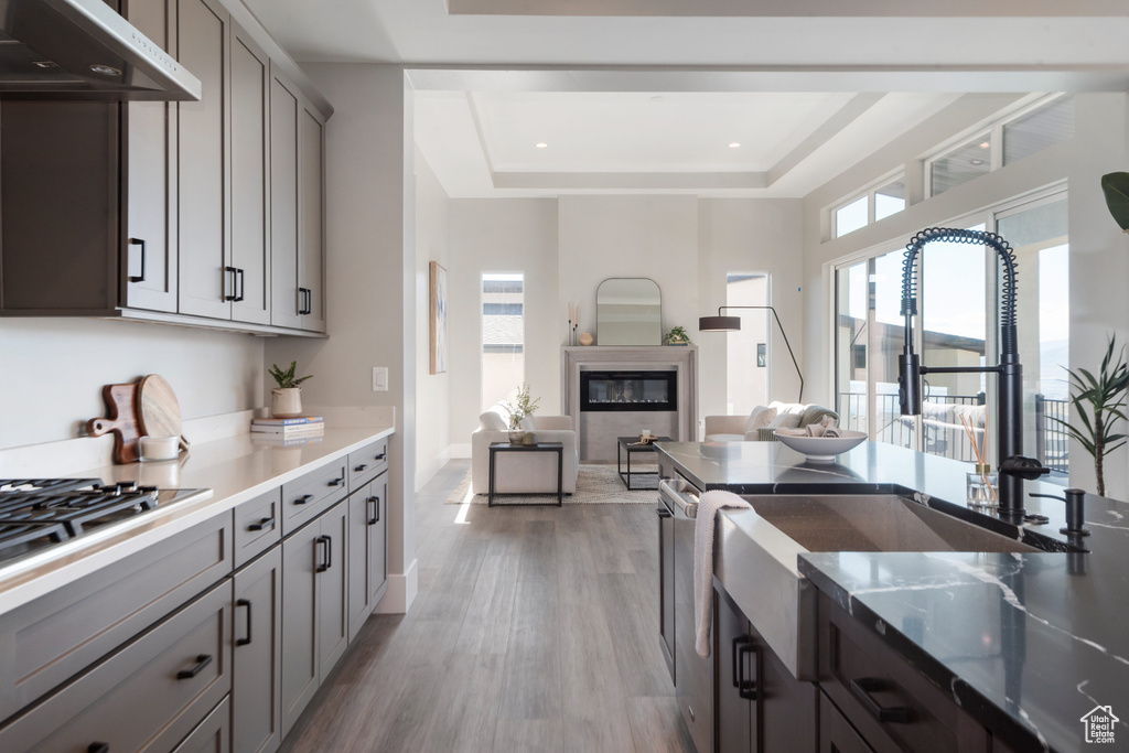 Kitchen with fume extractor, light hardwood / wood-style floors, stainless steel gas cooktop, gray cabinetry, and a raised ceiling