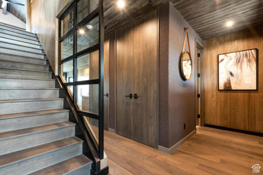 Staircase featuring wooden walls and light hardwood / wood-style flooring