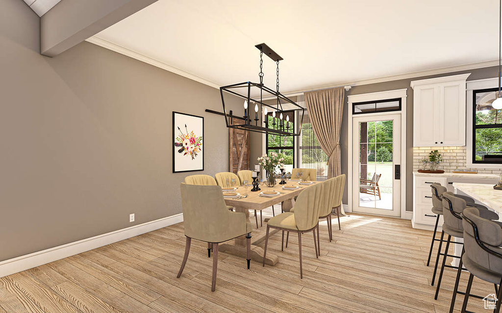 Dining room with crown molding, a notable chandelier, beamed ceiling, and light hardwood / wood-style floors