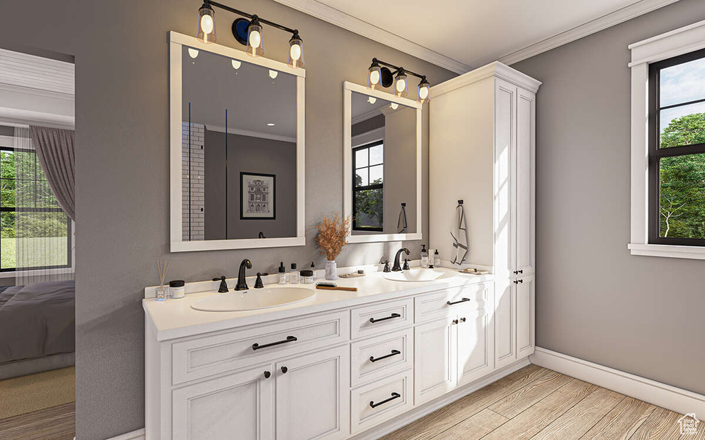 Bathroom featuring dual sinks, ornamental molding, and a healthy amount of sunlight