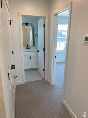 Hallway featuring sink and light colored carpet
