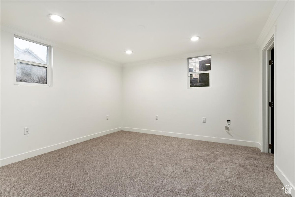 Spare room featuring crown molding and light carpet