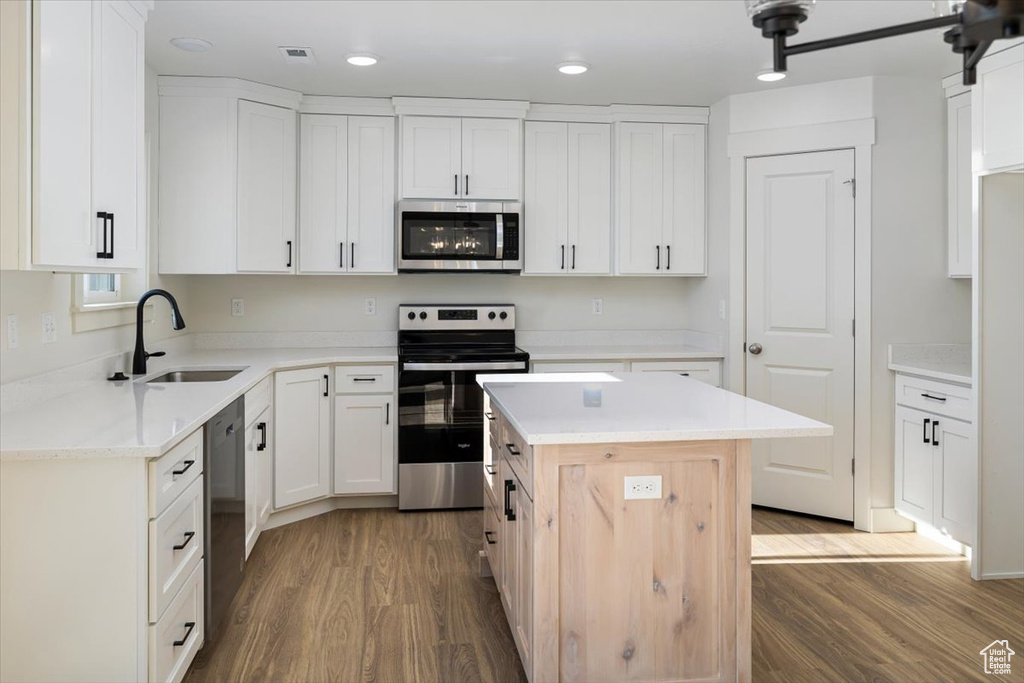 Kitchen with a center island, dark hardwood / wood-style floors, sink, and stainless steel appliances