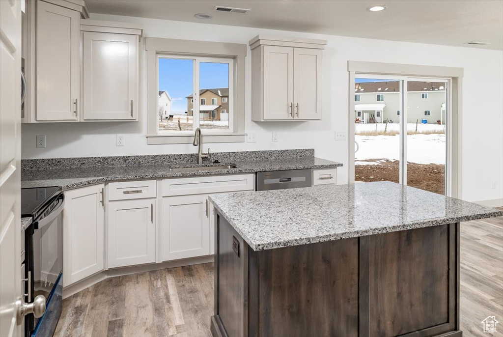 Kitchen with light stone countertops, black range with electric stovetop, light hardwood / wood-style flooring, sink, and a center island