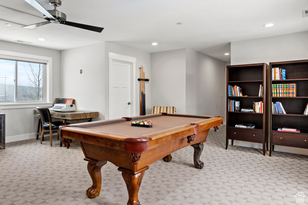 Recreation room with billiards, light carpet, and ceiling fan