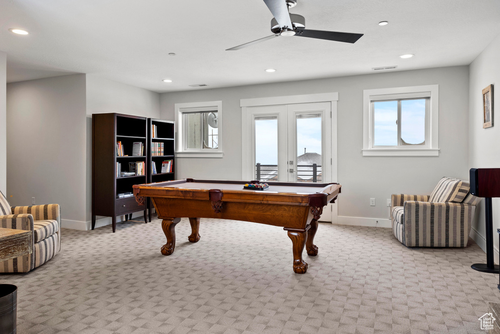 Playroom with billiards, light colored carpet, and ceiling fan