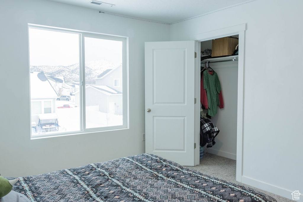 Bedroom featuring carpet and a closet