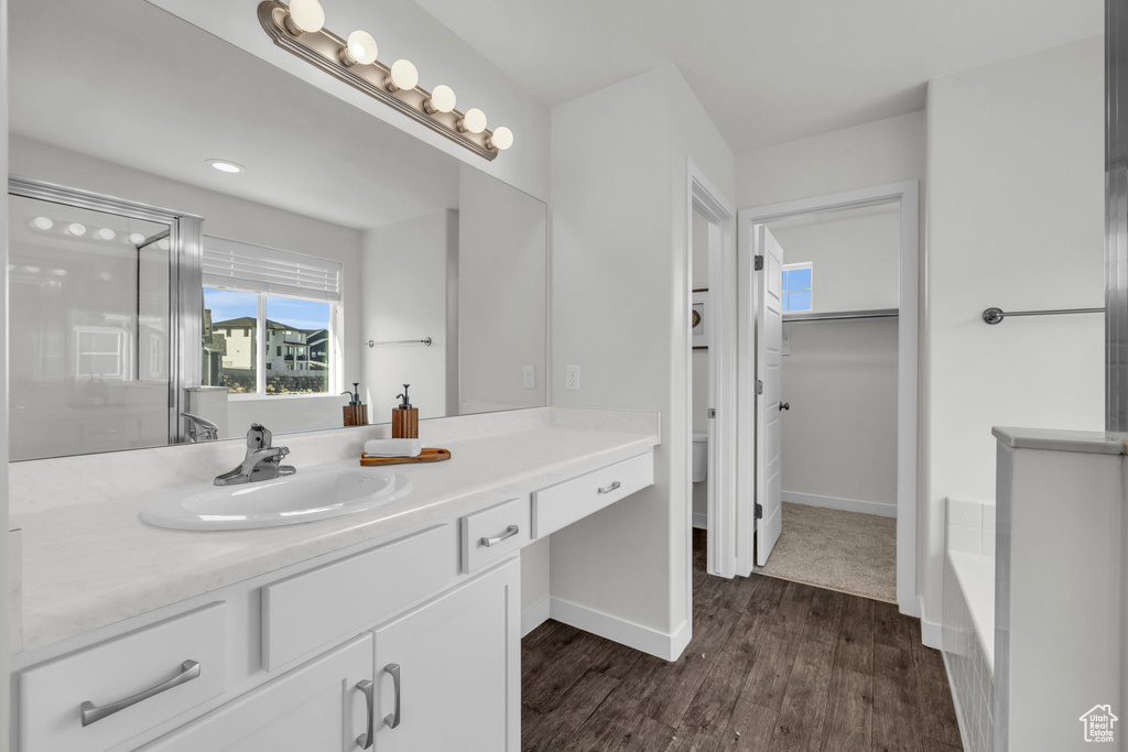 Bathroom featuring vanity, a tub, and wood-type flooring