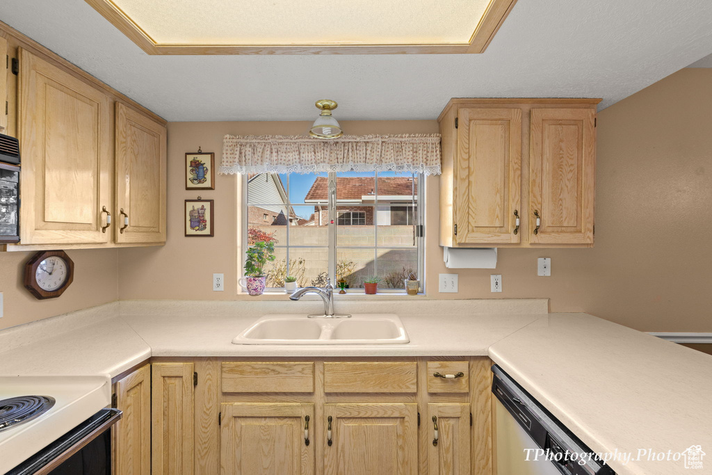 Kitchen with sink, dishwasher, and light brown cabinetry