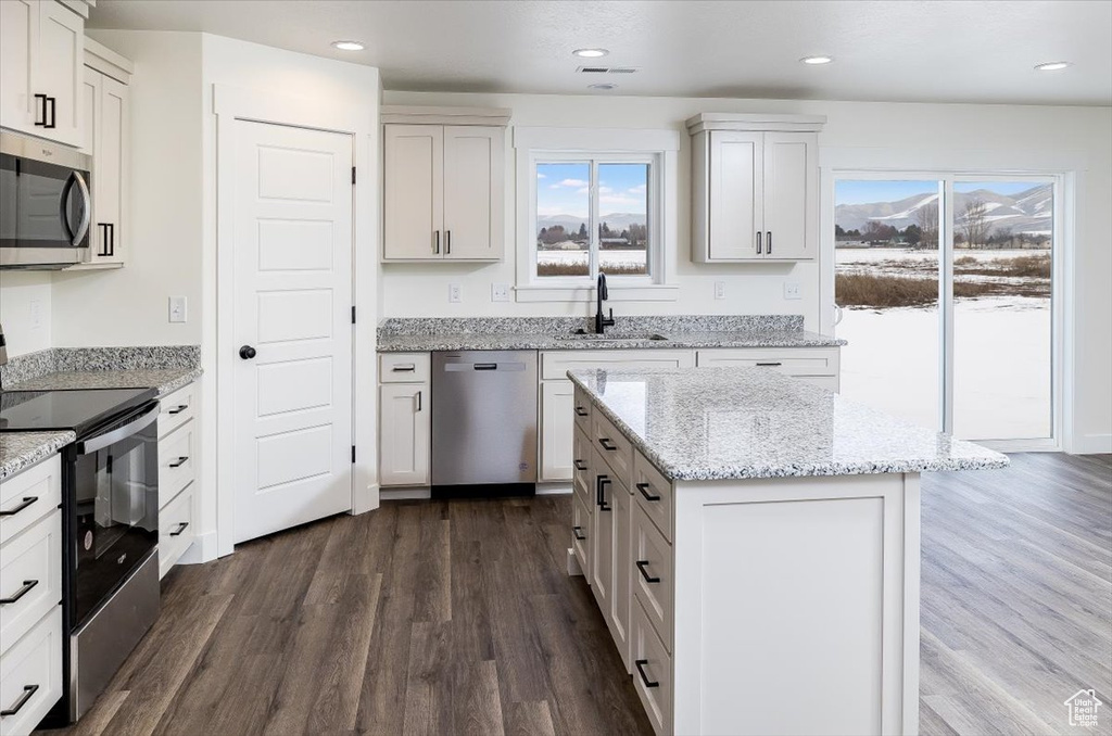 Kitchen featuring dark hardwood / wood-style flooring, white cabinets, and stainless steel appliances